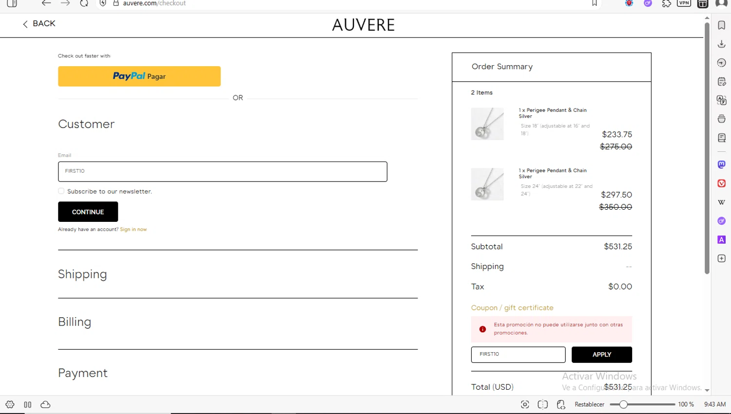 Auvere promo code screenshot showing code FIRST10 applied at Auvere checkout page. Uploaded by SimplyCodes community member luissilva2 on Dec 10, 2025