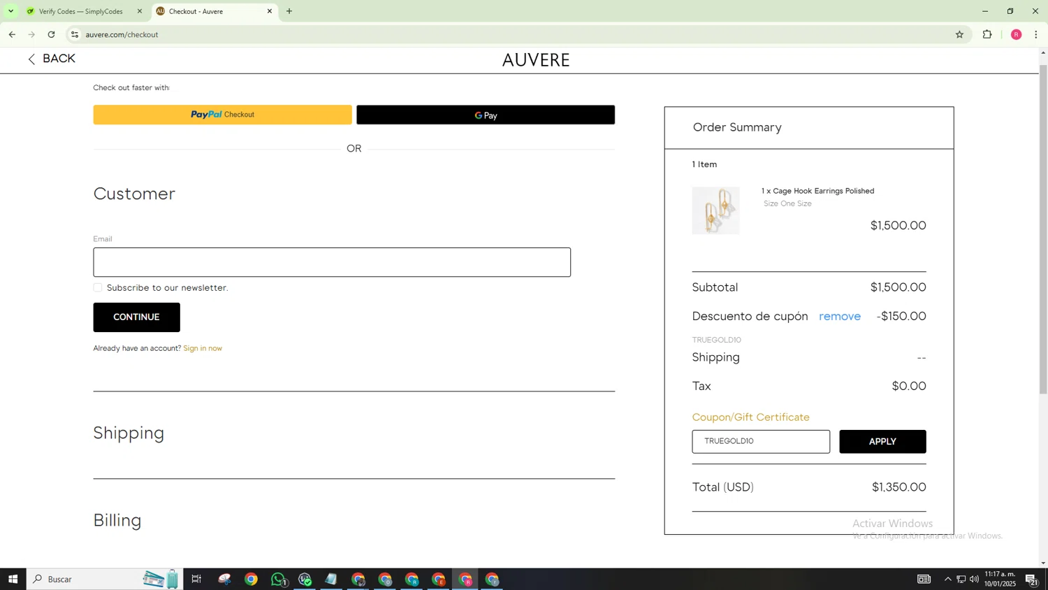Auvere promo code screenshot showing code TRUEGOLD10 applied at Auvere checkout page. Uploaded by SimplyCodes community member NobleExpert518 on Jan 10, 2025