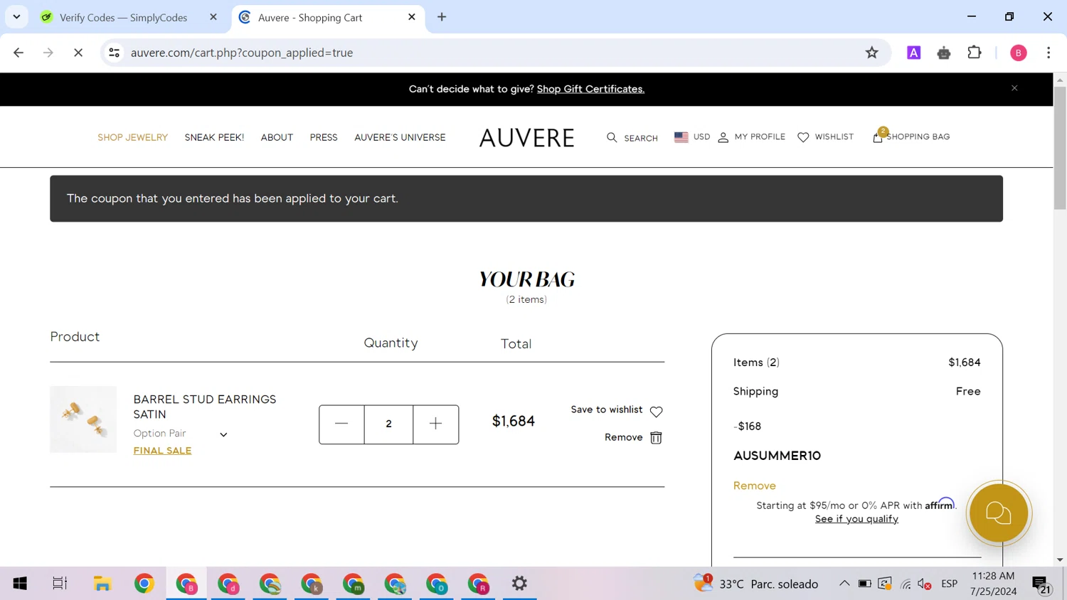 Auvere checkout page showing Auvere promo code box | Screenshot taken by SimplyCodes community member on Jul 25, 2024