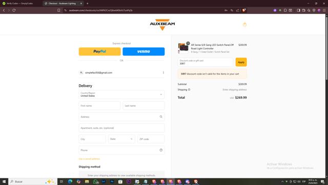 Auxbeam checkout page showing Auxbeam discount code box | Screenshot taken by SimplyCodes community member on Aug 25, 2025