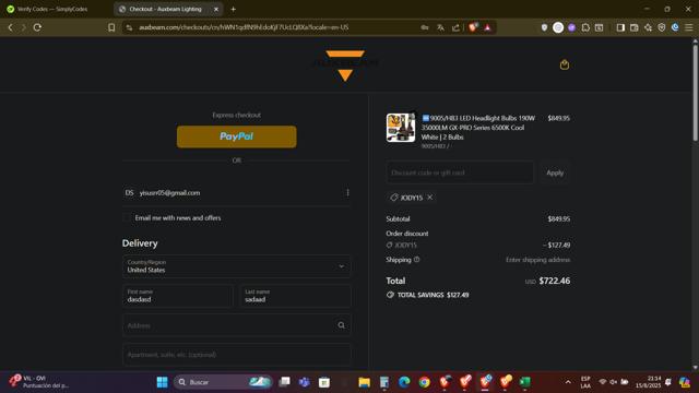 Auxbeam checkout page showing Auxbeam discount code box | Screenshot taken by SimplyCodes community member on Aug 16, 2025