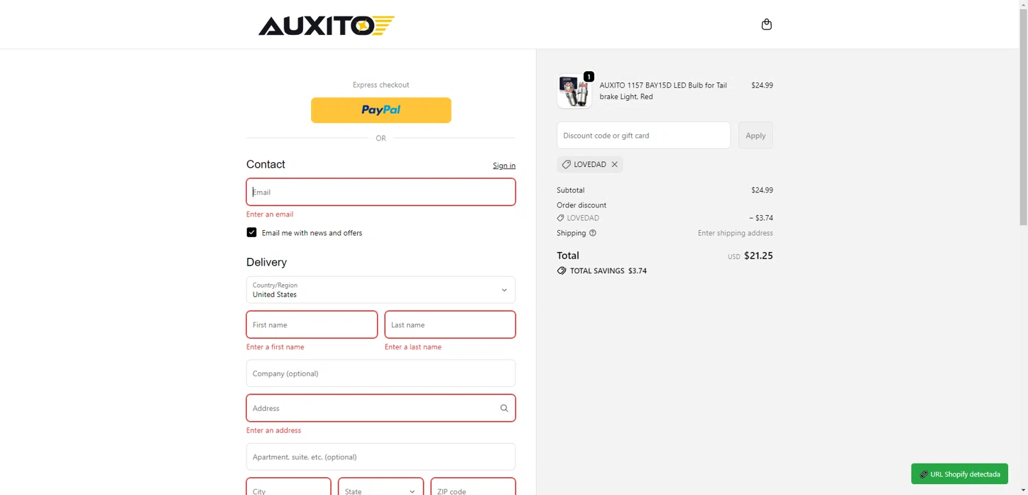 Auxito promo code screenshot showing code lovedad applied at Auxito checkout page. Uploaded by SimplyCodes community member CrownWhiz8114 on Jan 11, 2026