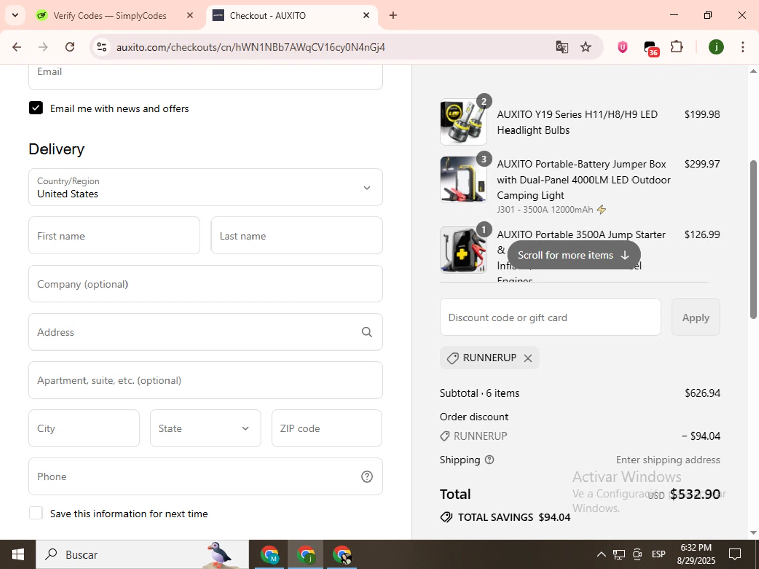Auxito promo code screenshot showing code RUNNERUP applied at Auxito checkout page. Uploaded by SimplyCodes community member SavingsCollector2592 on Aug 29, 2025