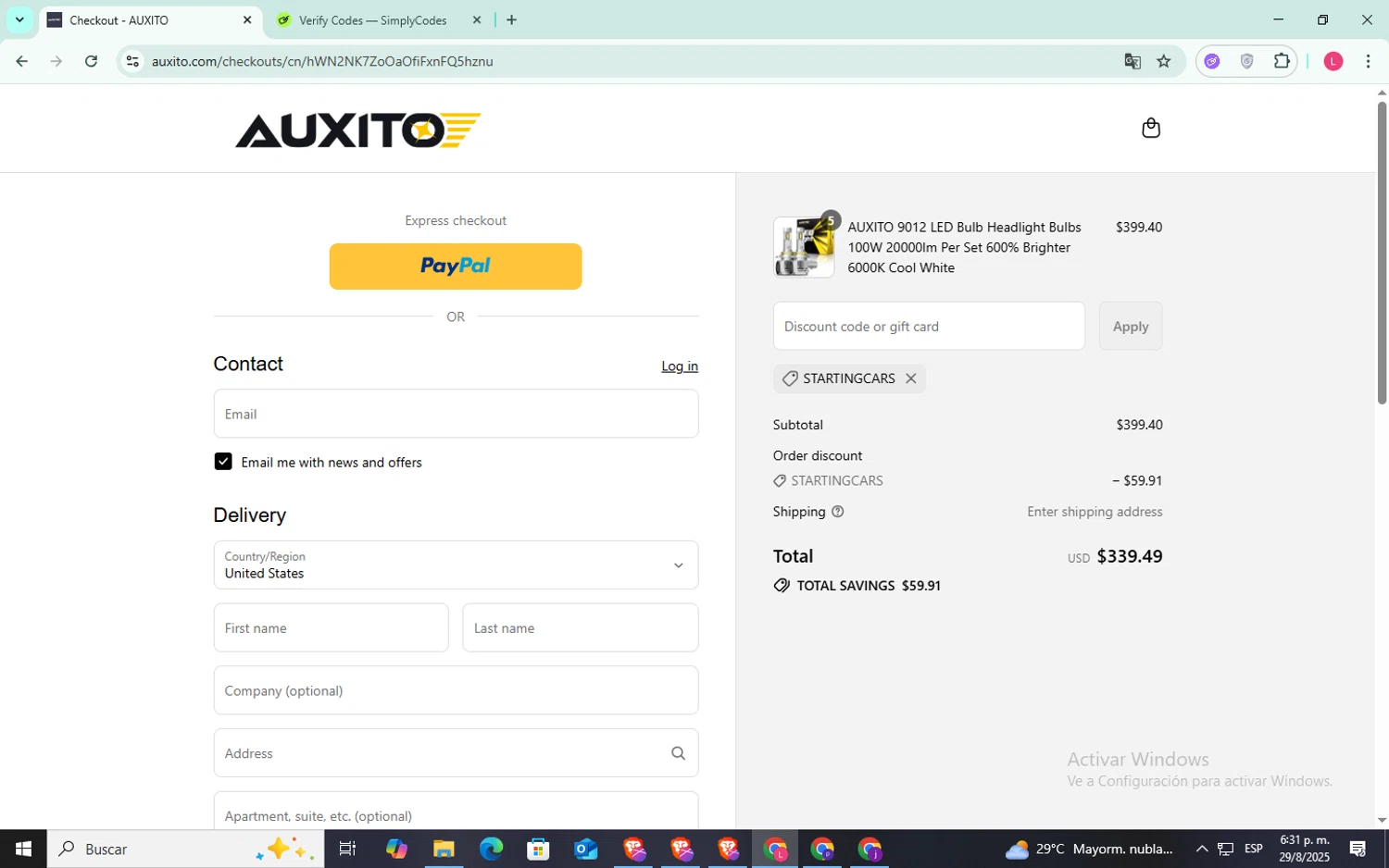 Auxito promo code screenshot showing code STARTINGCARS applied at Auxito checkout page. Uploaded by SimplyCodes community member SilverFox3257 on Aug 29, 2025