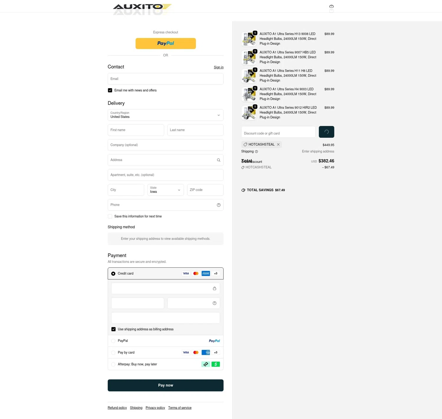 Auxito promo code screenshot showing code hotcashsteal applied at Auxito checkout page. Uploaded by SimplyCodes community member LOgoter on Jan 31, 2026