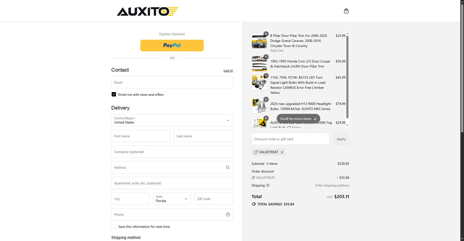 Auxito promo code screenshot showing code valuetreat applied at Auxito checkout page. Uploaded by SimplyCodes community member MateoRioja on Aug 29, 2025
