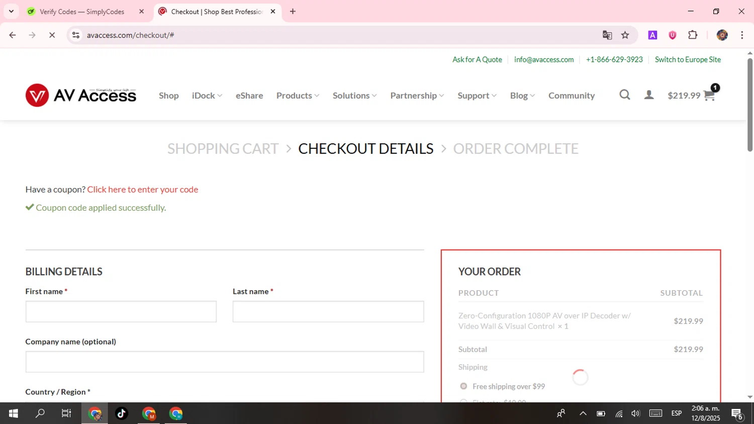 AV Access checkout page showing AV Access coupon code box | Screenshot taken by SimplyCodes community member on Aug 12, 2025