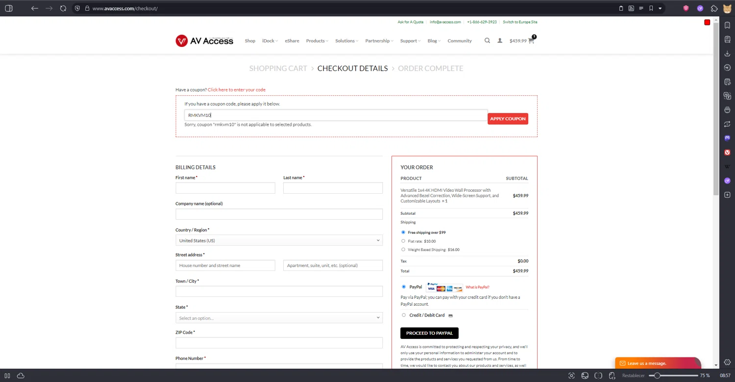 AV Access checkout page showing AV Access coupon code box | Screenshot taken by SimplyCodes community member on Jul 22, 2025