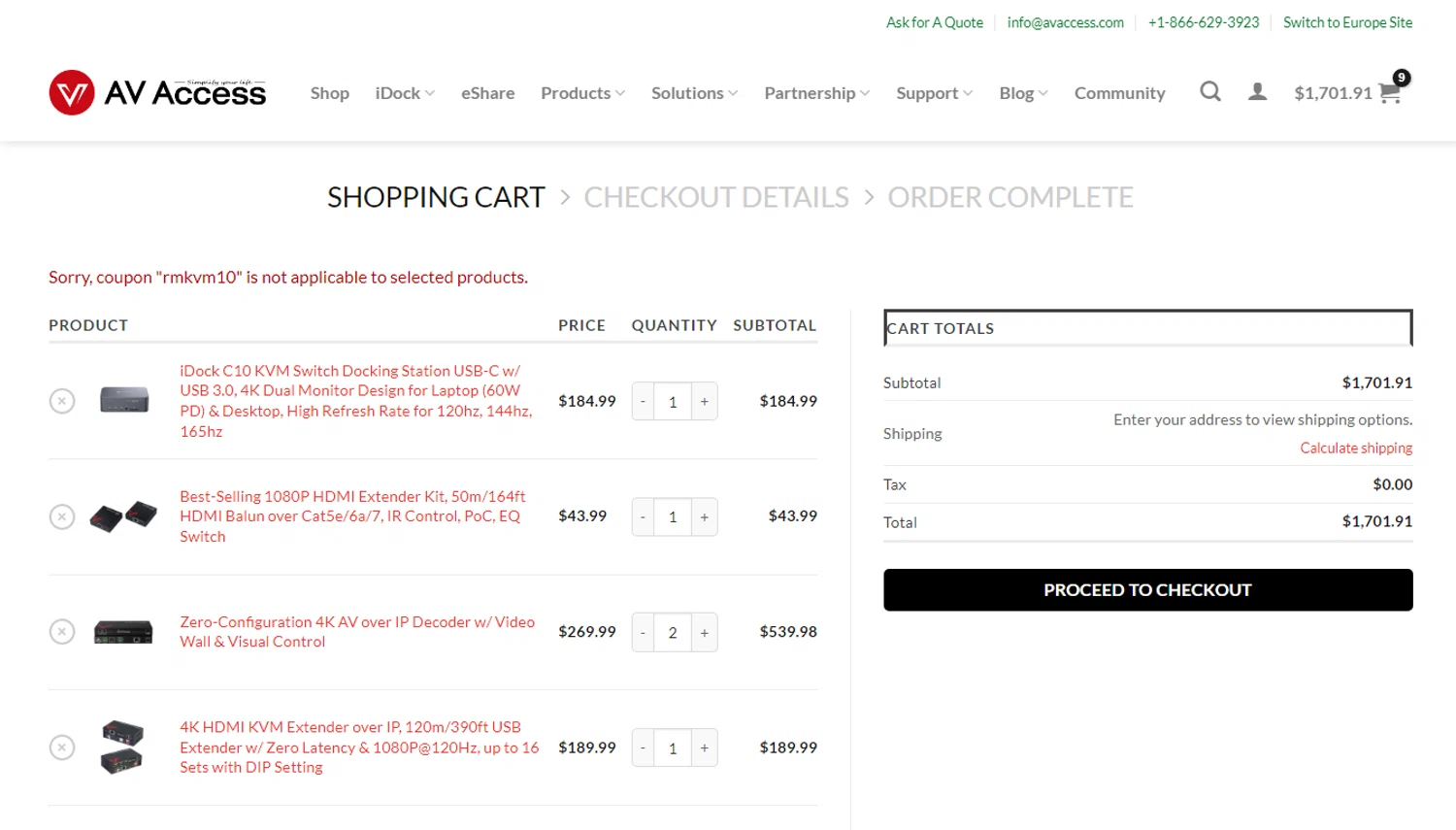 AV Access coupon code screenshot showing code RMKVM10 applied at AV Access checkout page. Uploaded by SimplyCodes community member oliveririarte on Aug 12, 2025