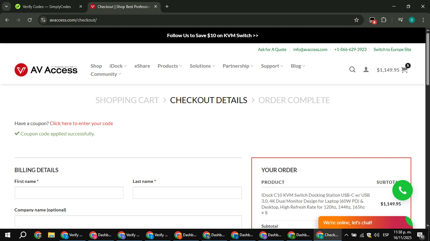 AV Access coupon code screenshot showing code HI5 applied at AV Access checkout page. Uploaded by SimplyCodes community member ThriftyLion6776 on Nov 17, 2025