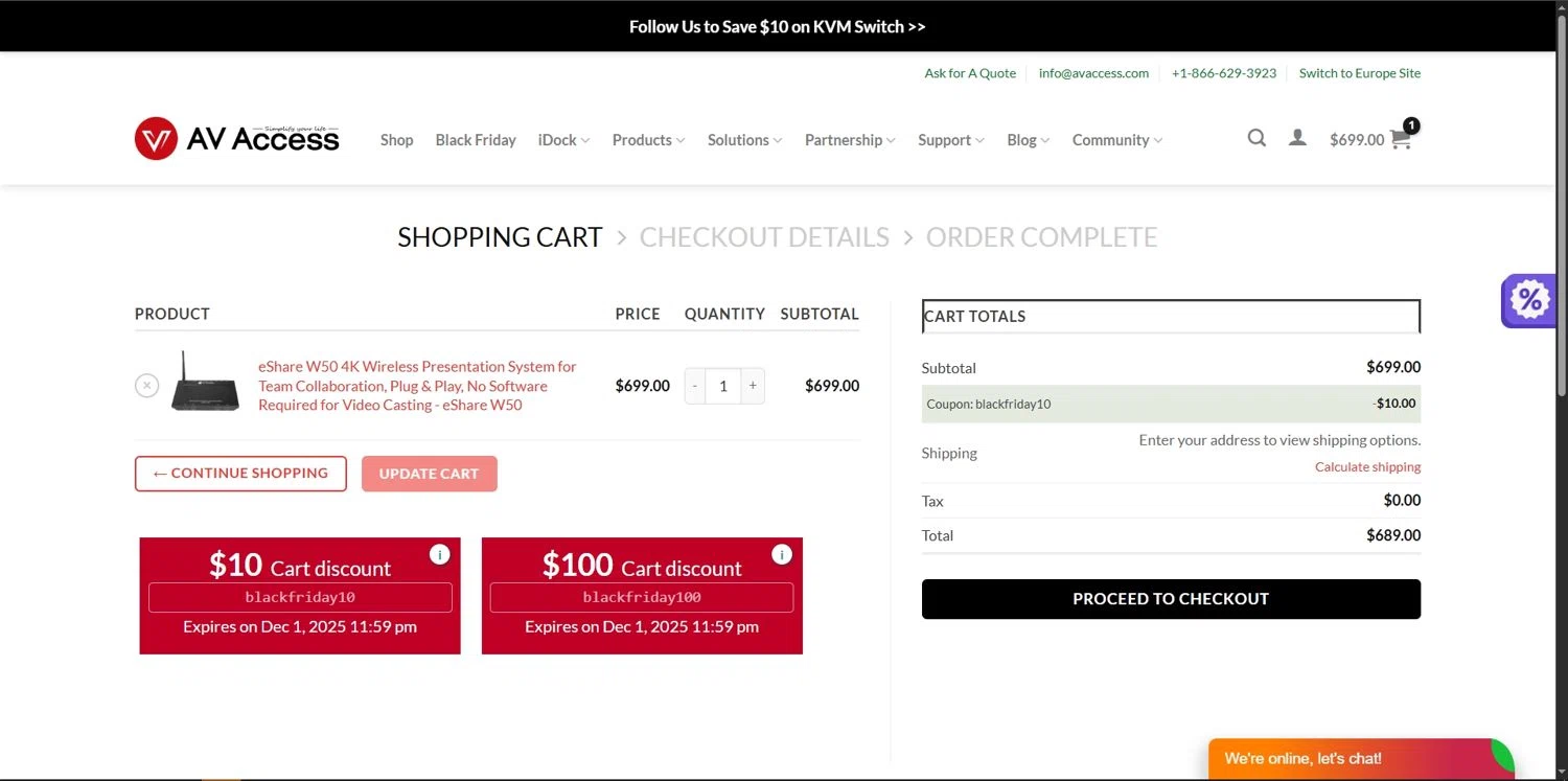 AV Access coupon code screenshot showing code blackfriday10 applied at AV Access checkout page. Uploaded by SimplyCodes community member Depressive on Nov 25, 2025