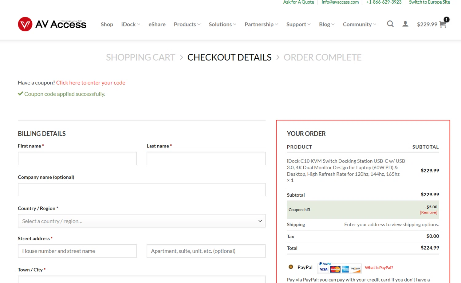 AV Access coupon code screenshot showing code HI5 applied at AV Access checkout page. Uploaded by SimplyCodes community member Westcoll on Nov 17, 2025