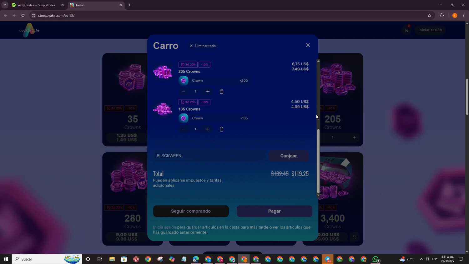 Avakin promo code screenshot showing code BLSCKWEEN applied at Avakin checkout page. Uploaded by SimplyCodes community member PrimeCaptain3418 on Mar 22, 2025