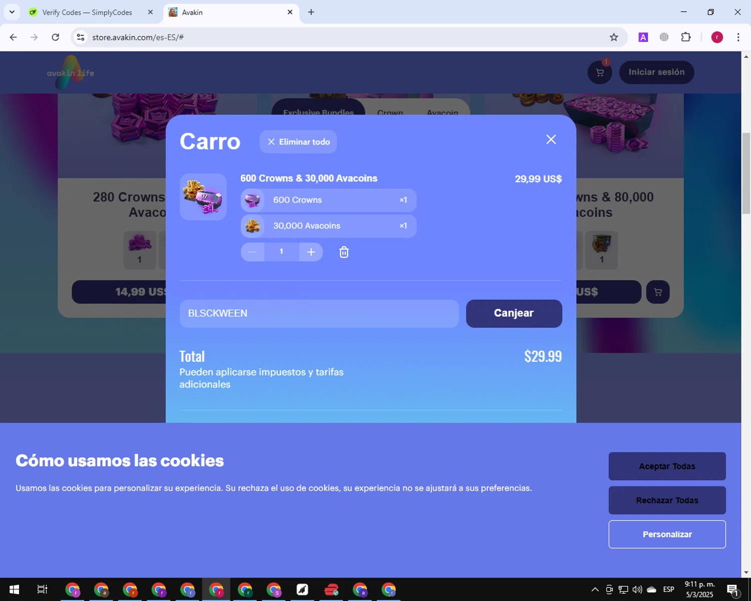 Avakin promo code screenshot showing code BLSCKWEEN applied at Avakin checkout page. Uploaded by SimplyCodes community member TreasureExpert7530 on Mar 6, 2025