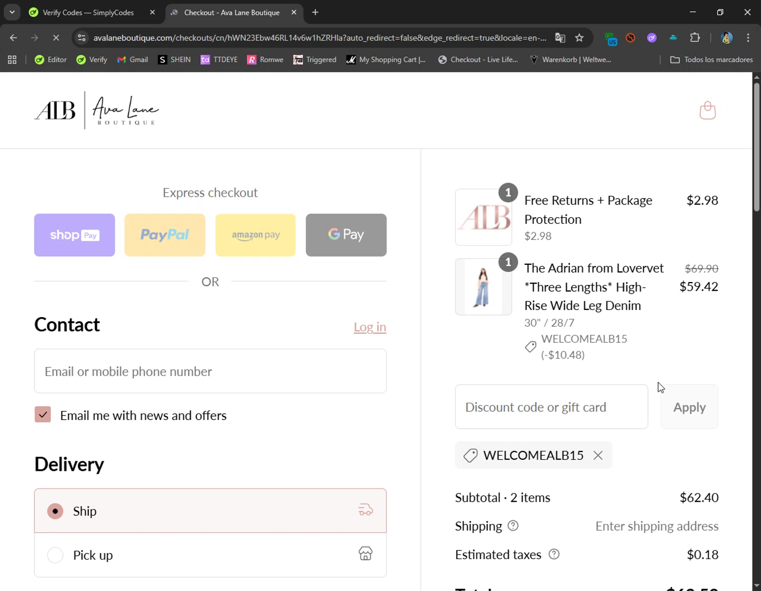 Ava Lane Boutique coupon code screenshot showing code welcomealb15 applied at Ava Lane Boutique checkout page. Uploaded by SimplyCodes community member CoolMcCool on Aug 21, 2025