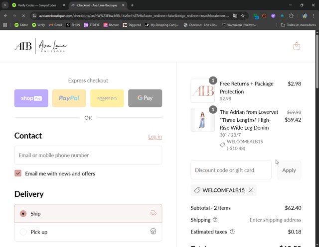 Ava Lane Boutique checkout page showing Ava Lane Boutique coupon code box | Screenshot taken by SimplyCodes community member on Aug 21, 2025