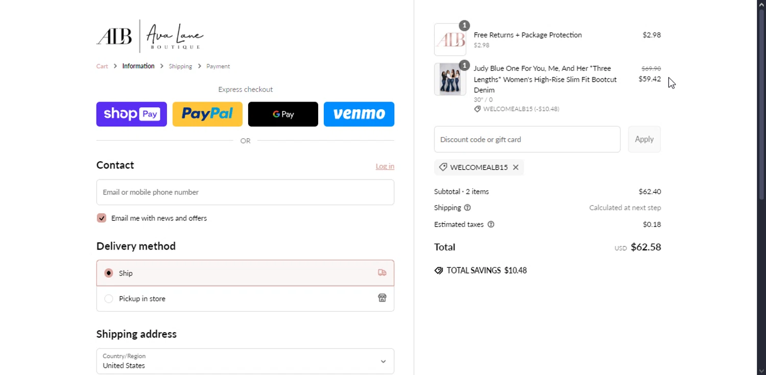 Ava Lane Boutique coupon code screenshot showing code welcomealb15 applied at Ava Lane Boutique checkout page. Uploaded by SimplyCodes community member LuckyPioneer1027 on Mar 2, 2025