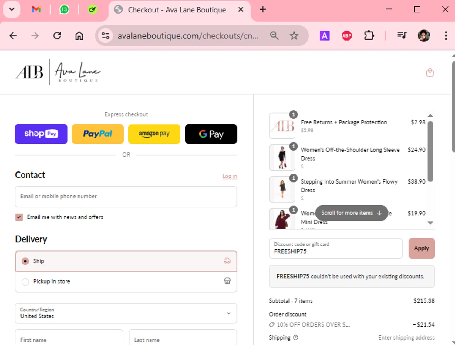 Ava Lane Boutique coupon code screenshot showing code FREESHIP75 applied at Ava Lane Boutique checkout page. Uploaded by SimplyCodes community member Scarleth_2GGD on Apr 25, 2025