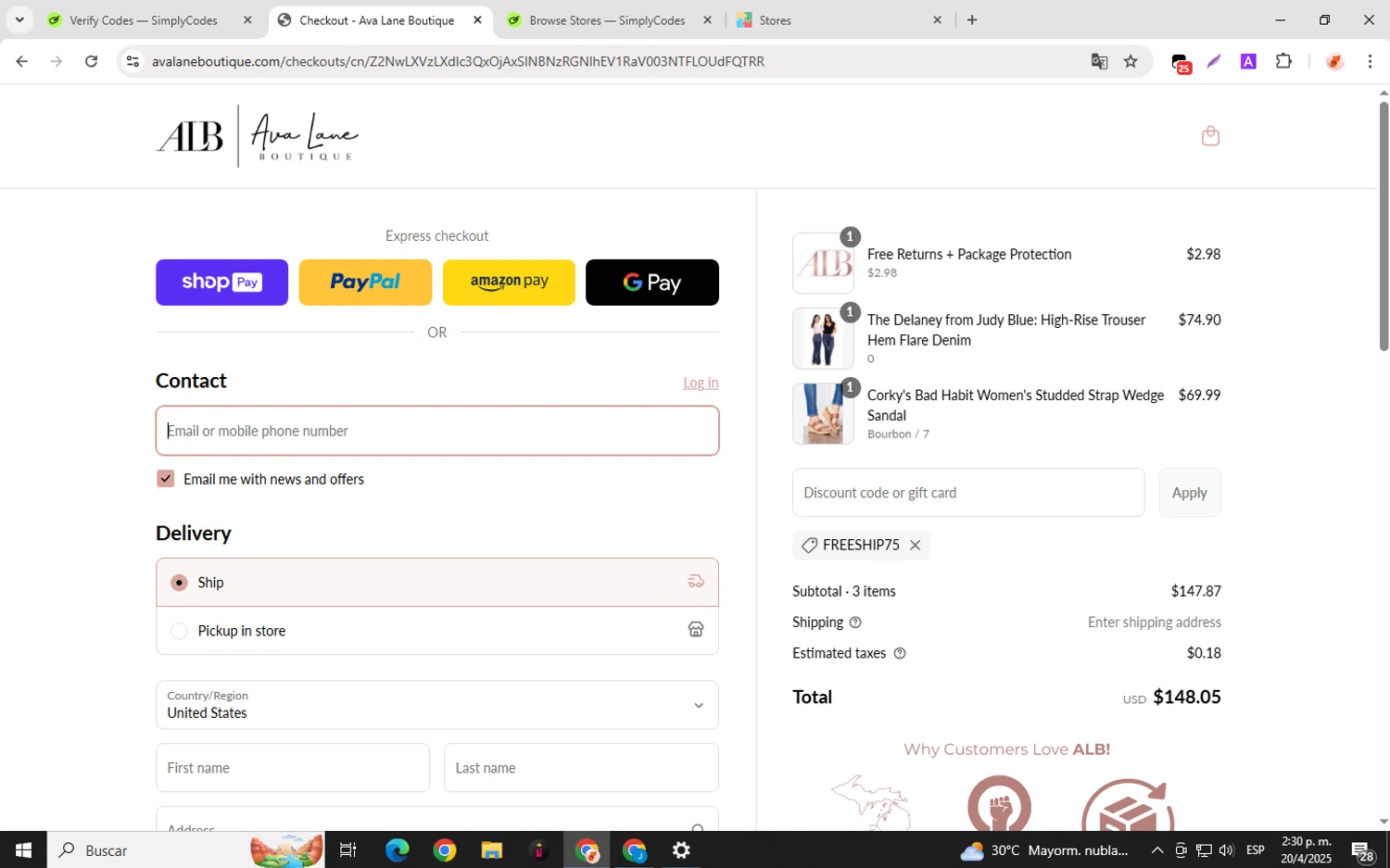 Ava Lane Boutique coupon code screenshot showing code FREESHIP75 applied at Ava Lane Boutique checkout page. Uploaded by SimplyCodes community member chemozavala on Apr 20, 2025