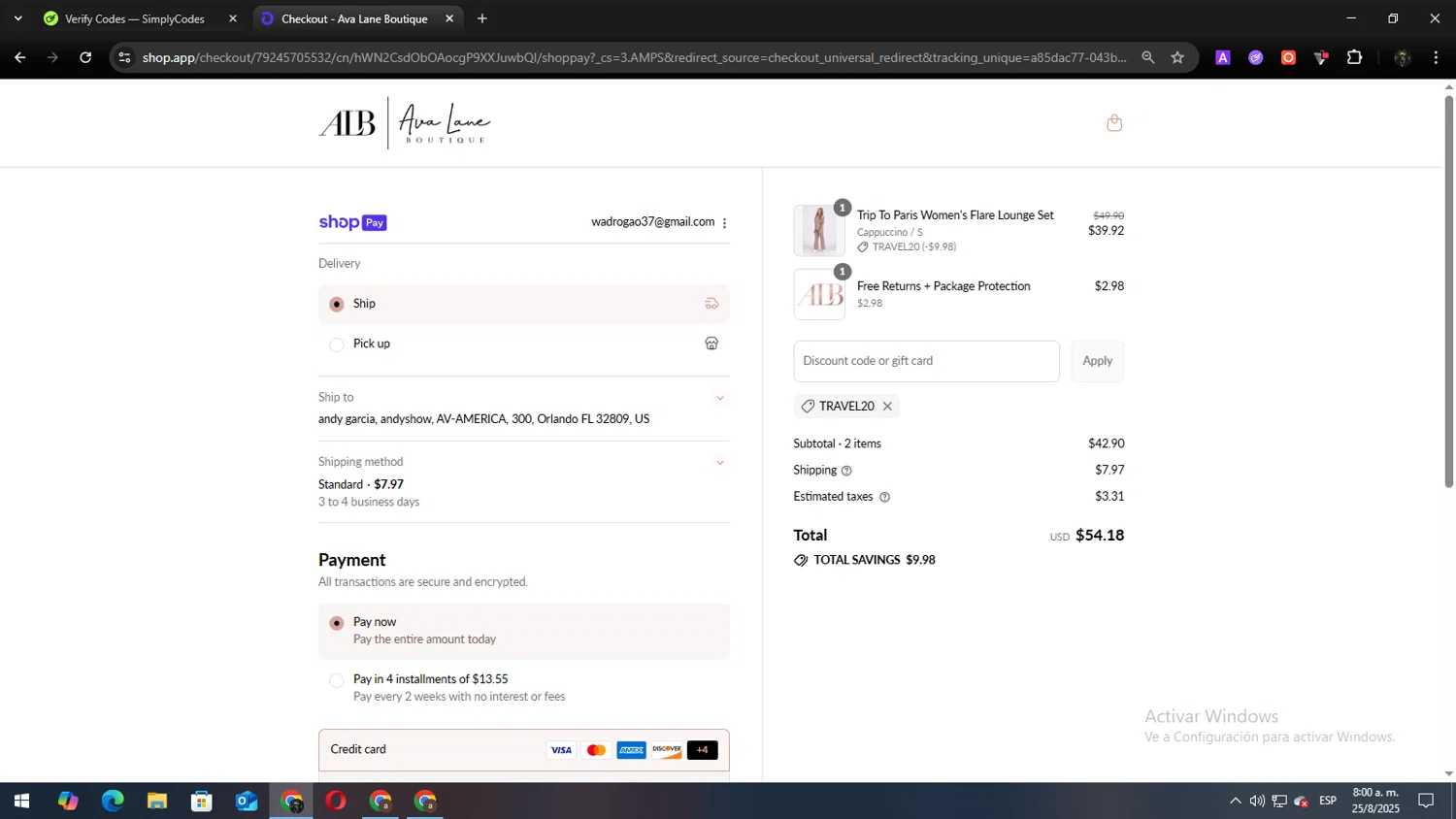 Ava Lane Boutique coupon code screenshot showing code TRAVEL20 applied at Ava Lane Boutique checkout page. Uploaded by SimplyCodes community member Andy2323 on Aug 25, 2025