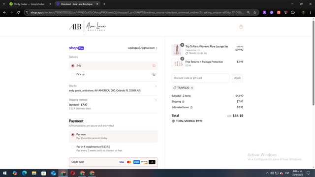 Ava Lane Boutique checkout page showing Ava Lane Boutique coupon code box | Screenshot taken by SimplyCodes community member on Aug 25, 2025