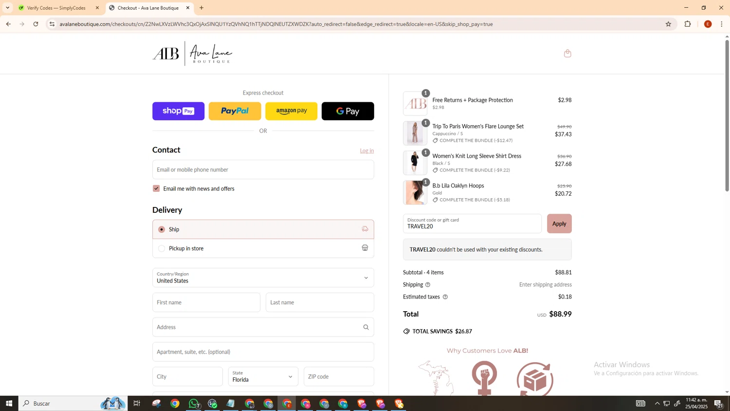 Ava Lane Boutique coupon code screenshot showing code TRAVEL20 applied at Ava Lane Boutique checkout page. Uploaded by SimplyCodes community member MoneyScout5902 on Apr 25, 2025