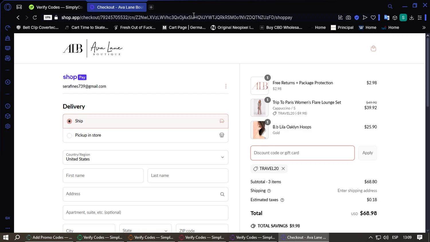 Ava Lane Boutique coupon code screenshot showing code TRAVEL20 applied at Ava Lane Boutique checkout page. Uploaded by SimplyCodes community member PennyFox1280 on Apr 10, 2025
