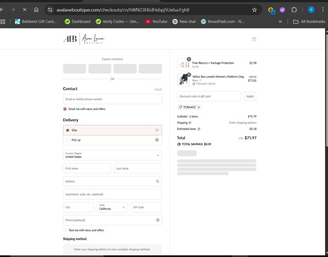 Ava Lane Boutique checkout page showing Ava Lane Boutique coupon code box | Screenshot taken by SimplyCodes community member on Aug 21, 2025
