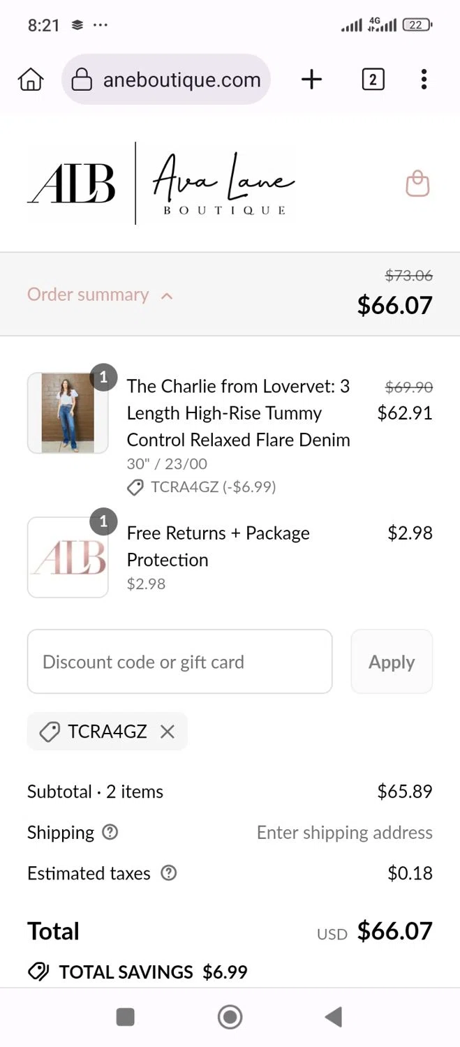 Ava Lane Boutique coupon code screenshot showing code TCRA4GZ applied at Ava Lane Boutique checkout page. Uploaded by SimplyCodes community member Nohely on Jul 9, 2025