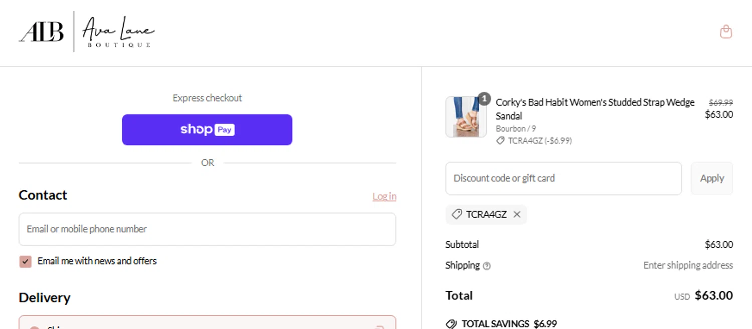 Ava Lane Boutique coupon code screenshot showing code TCRA4GZ applied at Ava Lane Boutique checkout page. Uploaded by SimplyCodes community member Jeffreyp on May 10, 2025
