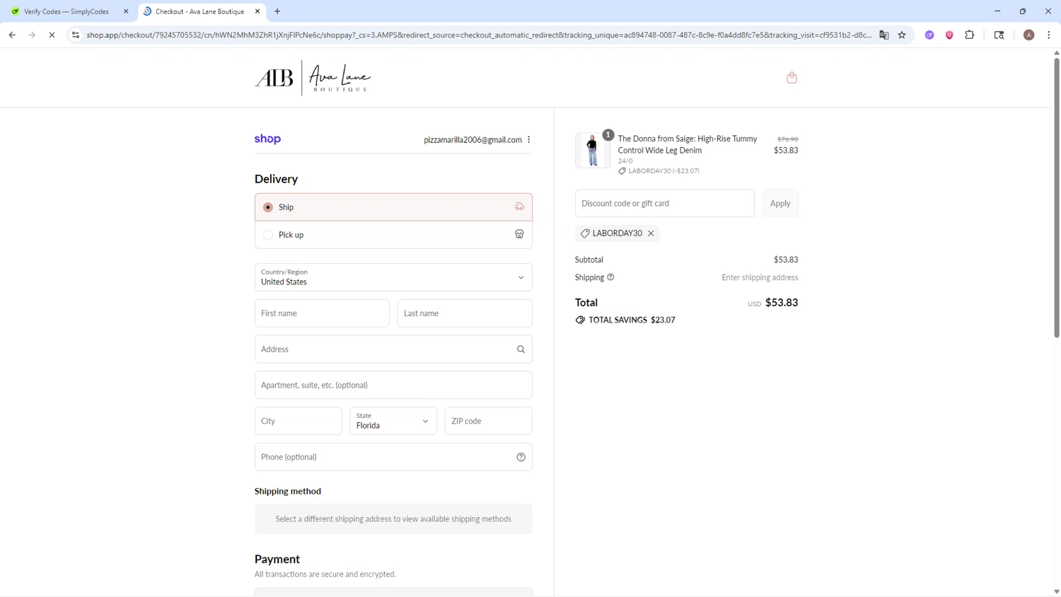 Ava Lane Boutique coupon code screenshot showing code LABORDAY30 applied at Ava Lane Boutique checkout page. Uploaded by SimplyCodes community member SwiftSage2309 on Aug 29, 2025