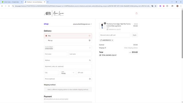 Ava Lane Boutique checkout page showing Ava Lane Boutique coupon code box | Screenshot taken by SimplyCodes community member on Aug 29, 2025