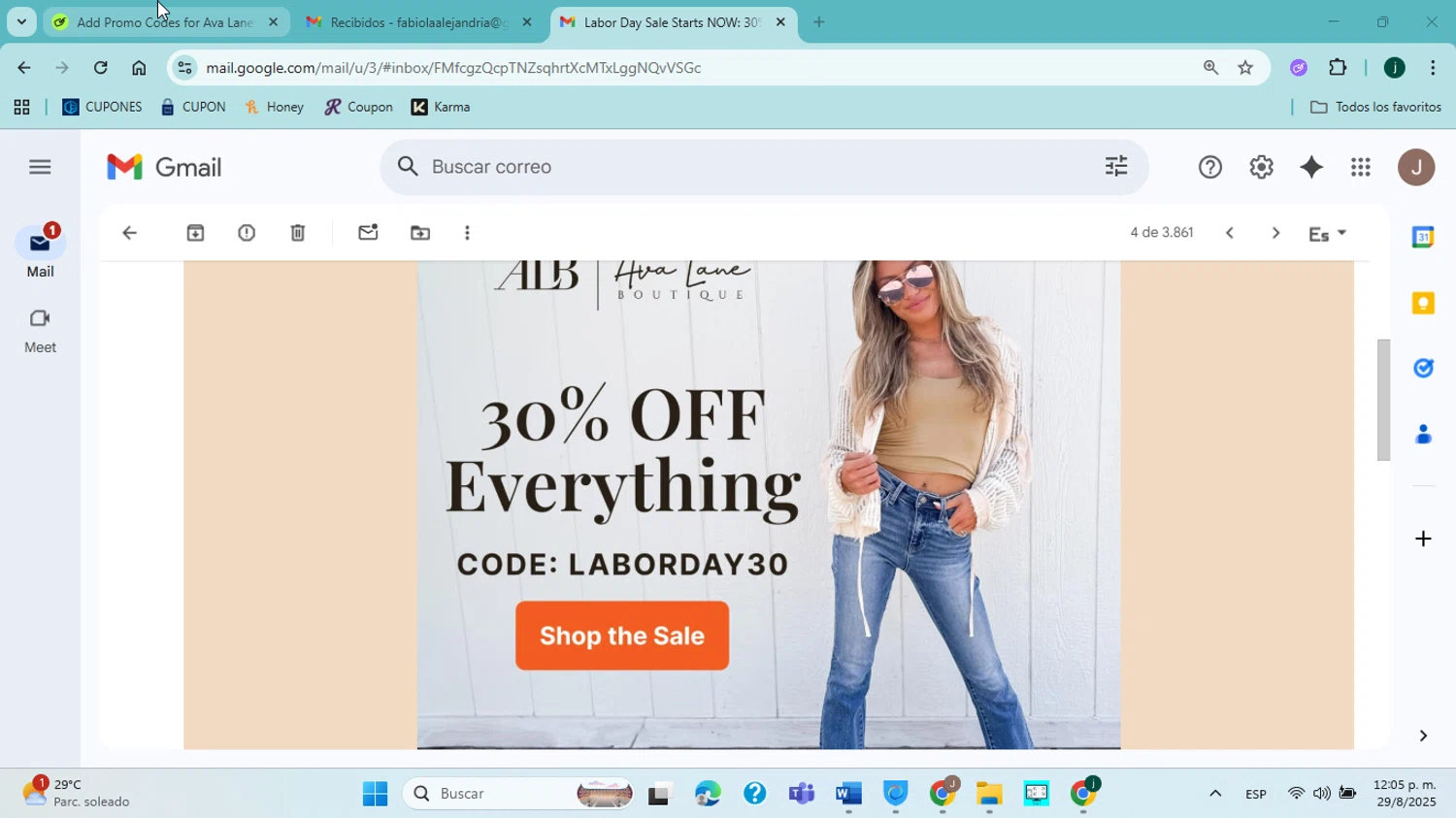 Ava Lane Boutique coupon code screenshot showing code LABORDAY30 applied at Ava Lane Boutique checkout page. Uploaded by SimplyCodes community member jorgejavierherrera on Aug 29, 2025