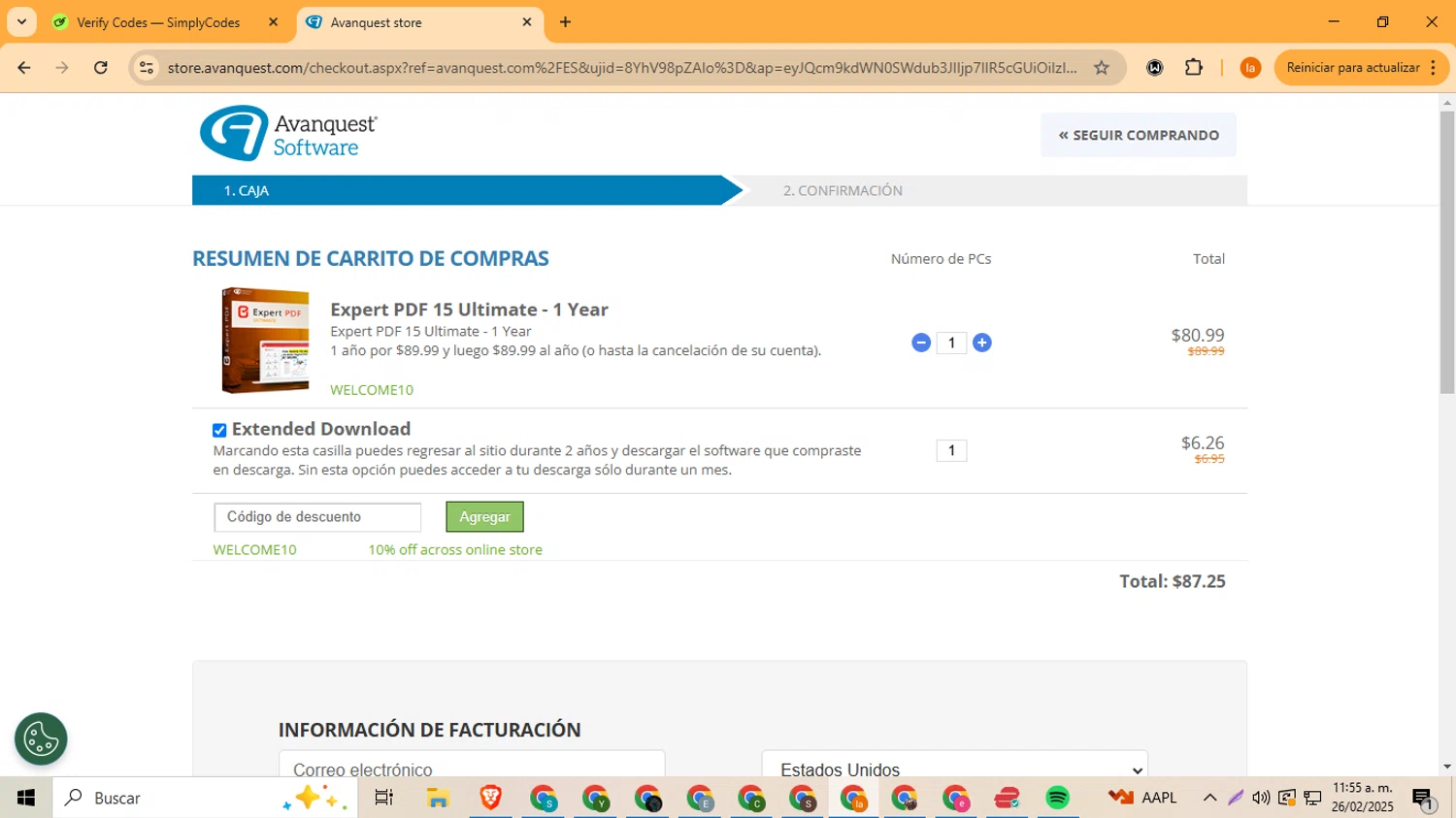 Avanquest Software promo code screenshot showing code WELCOME10 applied at Avanquest Software checkout page. Uploaded by SimplyCodes community member LegendaryFox4384 on Feb 26, 2025