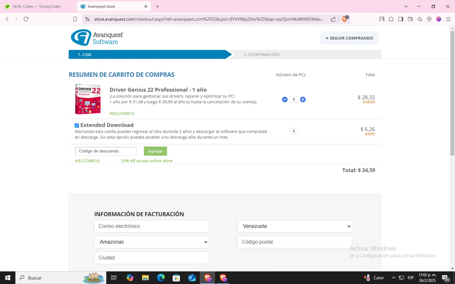 Avanquest Software promo code screenshot showing code WELCOME10 applied at Avanquest Software checkout page. Uploaded by SimplyCodes community member CodeLynx5272 on Feb 26, 2025