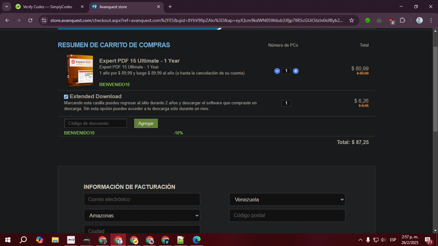 Avanquest Software promo code screenshot showing code BIENVENIDO10 applied at Avanquest Software checkout page. Uploaded by SimplyCodes community member ValiantLegend7294 on Feb 26, 2025