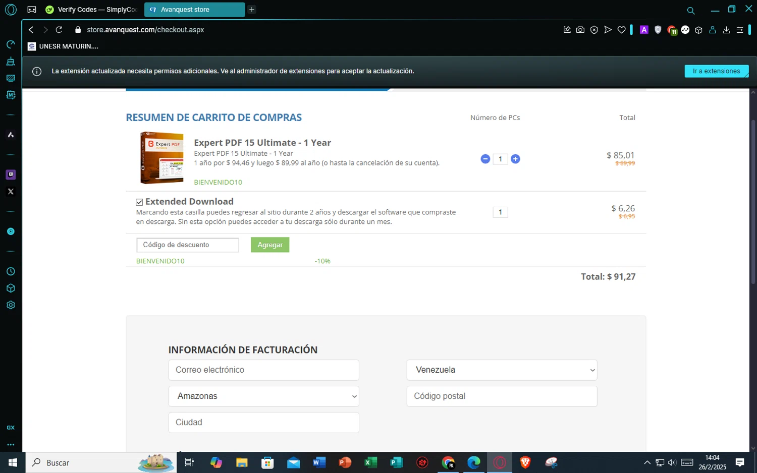 Avanquest Software checkout page showing Avanquest Software promo code box | Screenshot taken by SimplyCodes community member on Feb 26, 2025