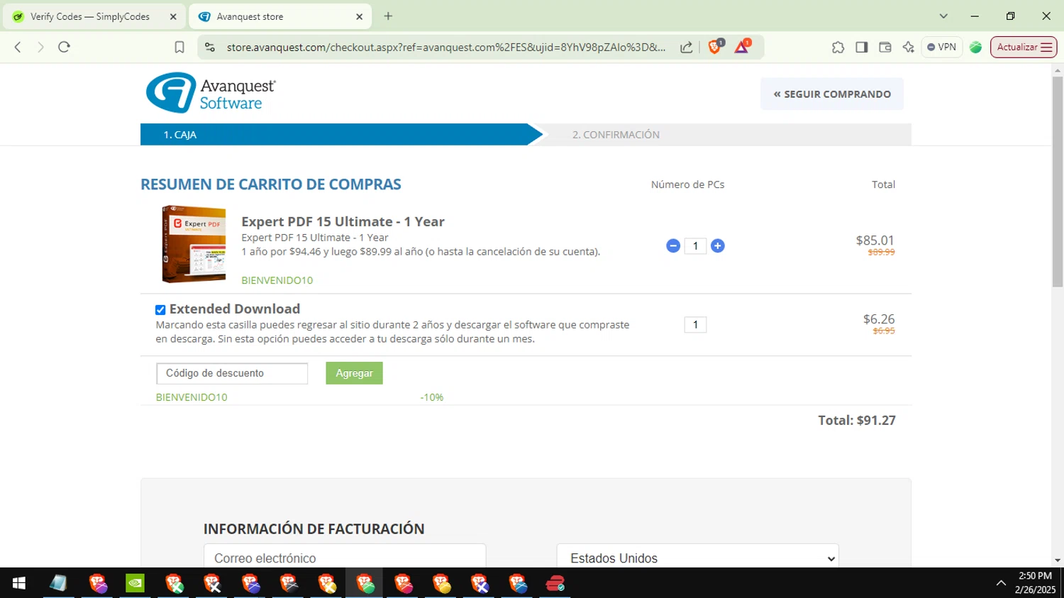 Avanquest Software promo code screenshot showing code BIENVENIDO10 applied at Avanquest Software checkout page. Uploaded by SimplyCodes community member DiscountSentinel4513 on Feb 26, 2025