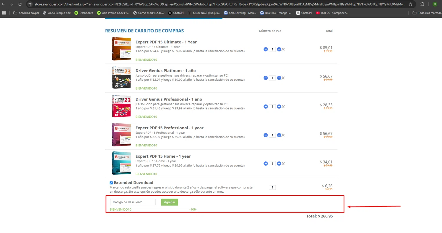 Avanquest Software promo code screenshot showing code BIENVENIDO10 applied at Avanquest Software checkout page. Uploaded by SimplyCodes community member miguelaponte on Feb 26, 2025