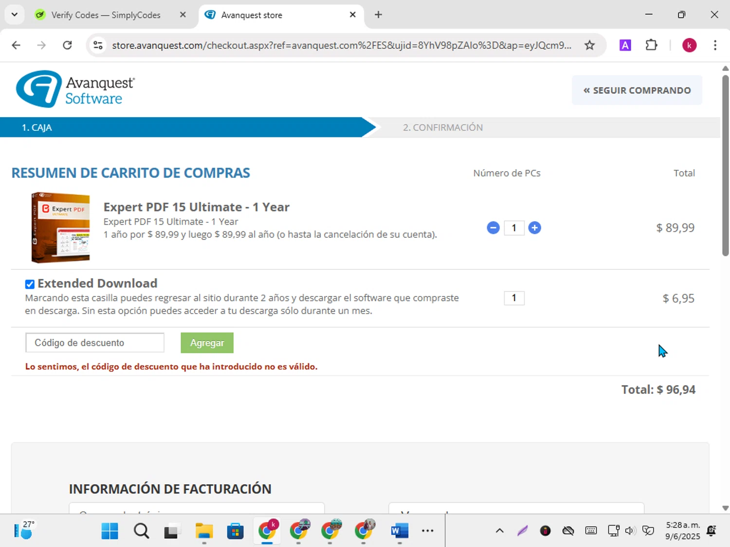 Avanquest Software promo code screenshot showing code SAVEOVER50% applied at Avanquest Software checkout page. Uploaded by SimplyCodes community member karoline on Jun 9, 2025