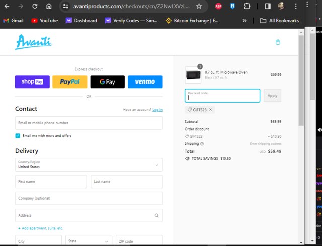Avanti checkout page showing Avanti promo code box | Screenshot taken by SimplyCodes community member on Dec 24, 2023