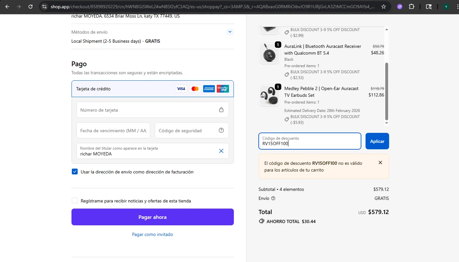 Avantree promo code screenshot showing code RV15OFF100 applied at Avantree checkout page. Uploaded by SimplyCodes community member MightyLynx459 on Feb 1, 2026