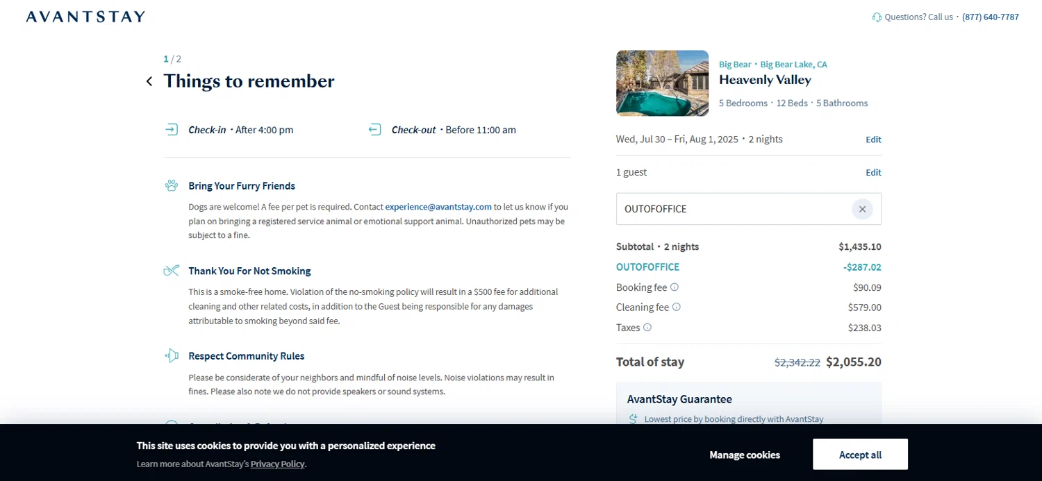 AvantStay checkout page showing AvantStay discount code box | Screenshot taken by SimplyCodes community member on Jul 29, 2025