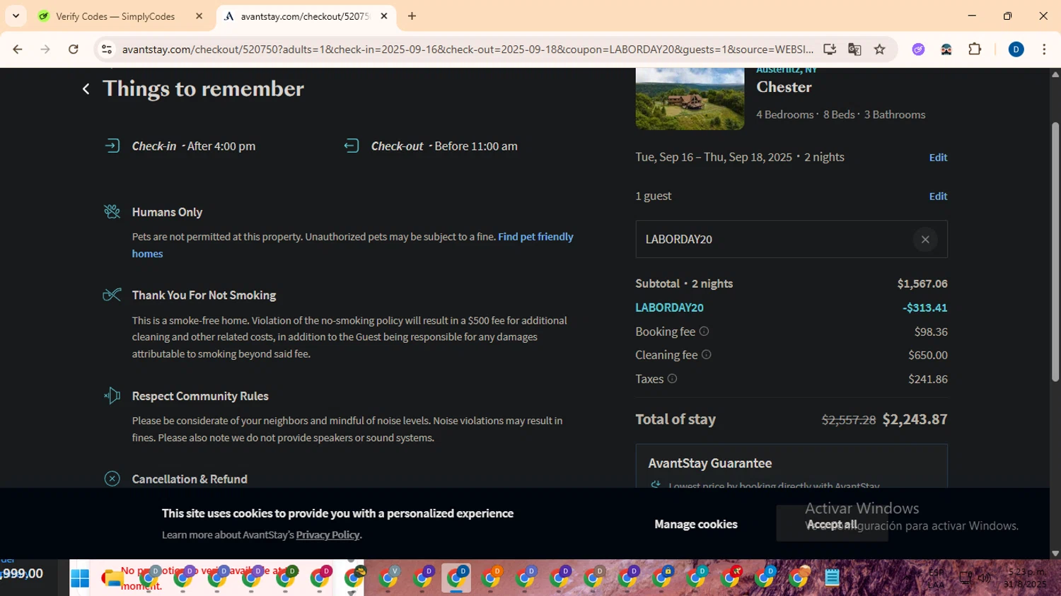 AvantStay checkout page showing AvantStay discount code box | Screenshot taken by SimplyCodes community member on Aug 31, 2025