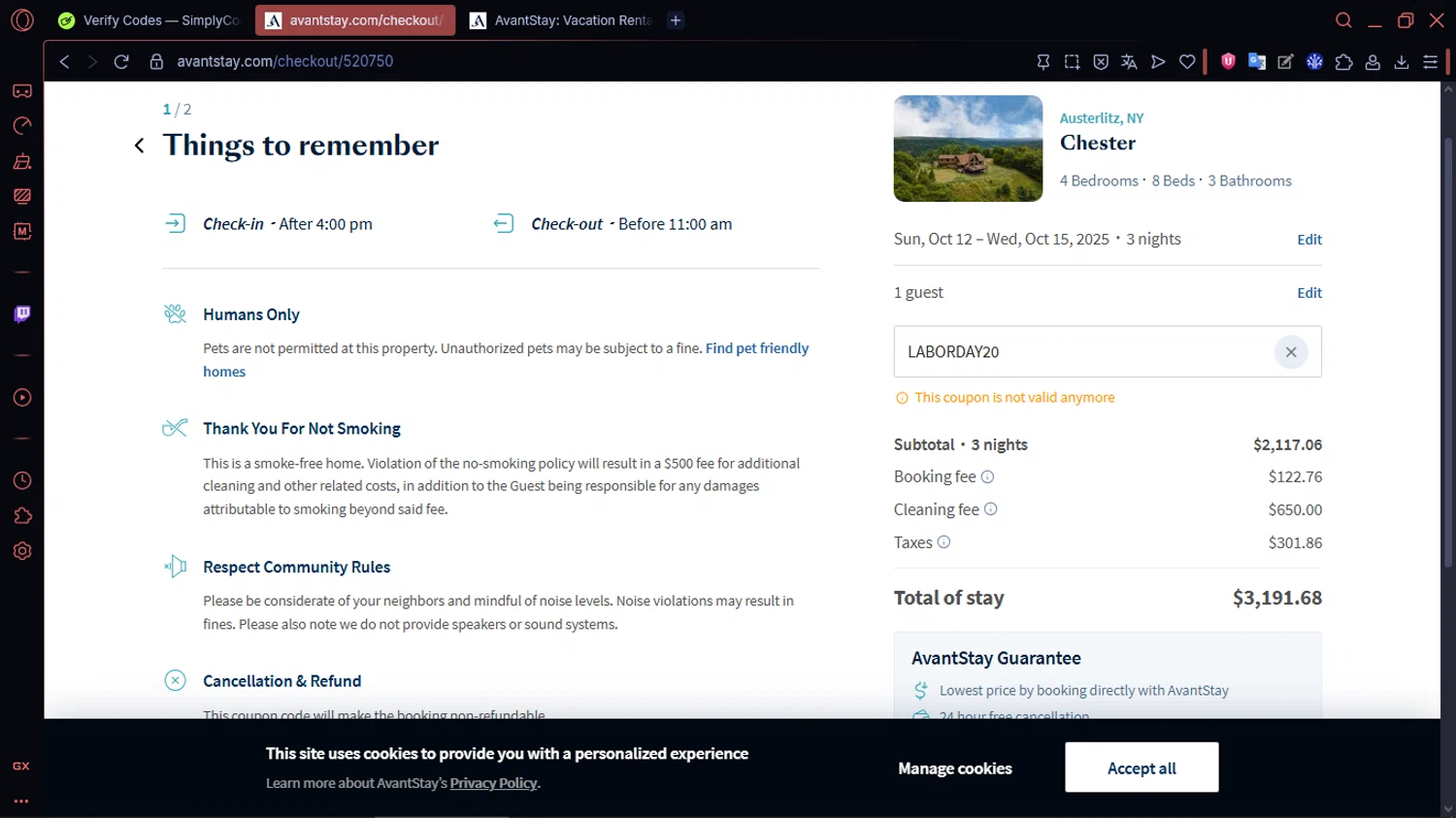 AvantStay discount code screenshot showing code LABORDAY20 applied at AvantStay checkout page. Uploaded by SimplyCodes community member MoneySentinel1166 on Sep 5, 2025