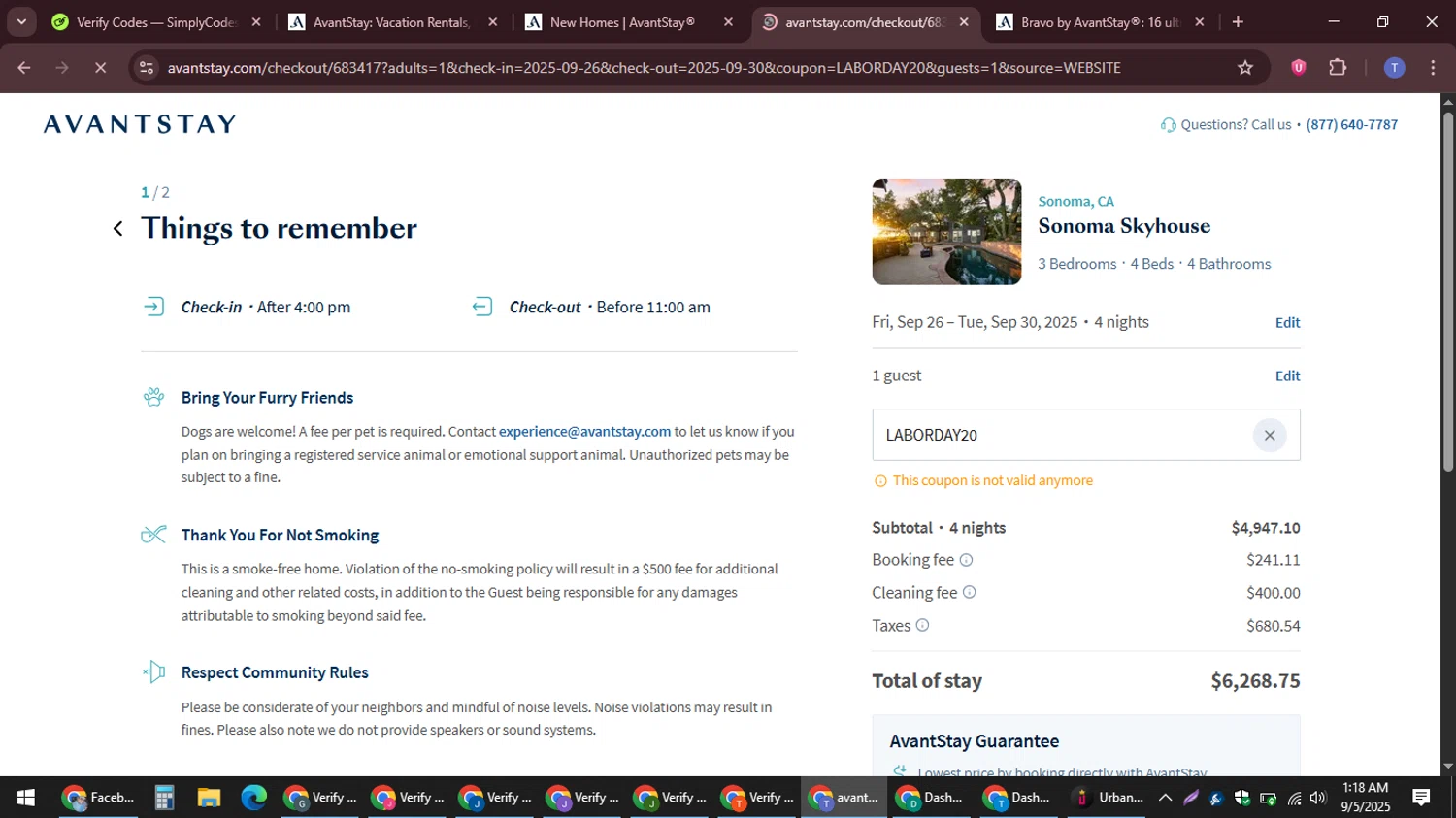 AvantStay discount code screenshot showing code LABORDAY20 applied at AvantStay checkout page. Uploaded by SimplyCodes community member snidertom8 on Sep 5, 2025