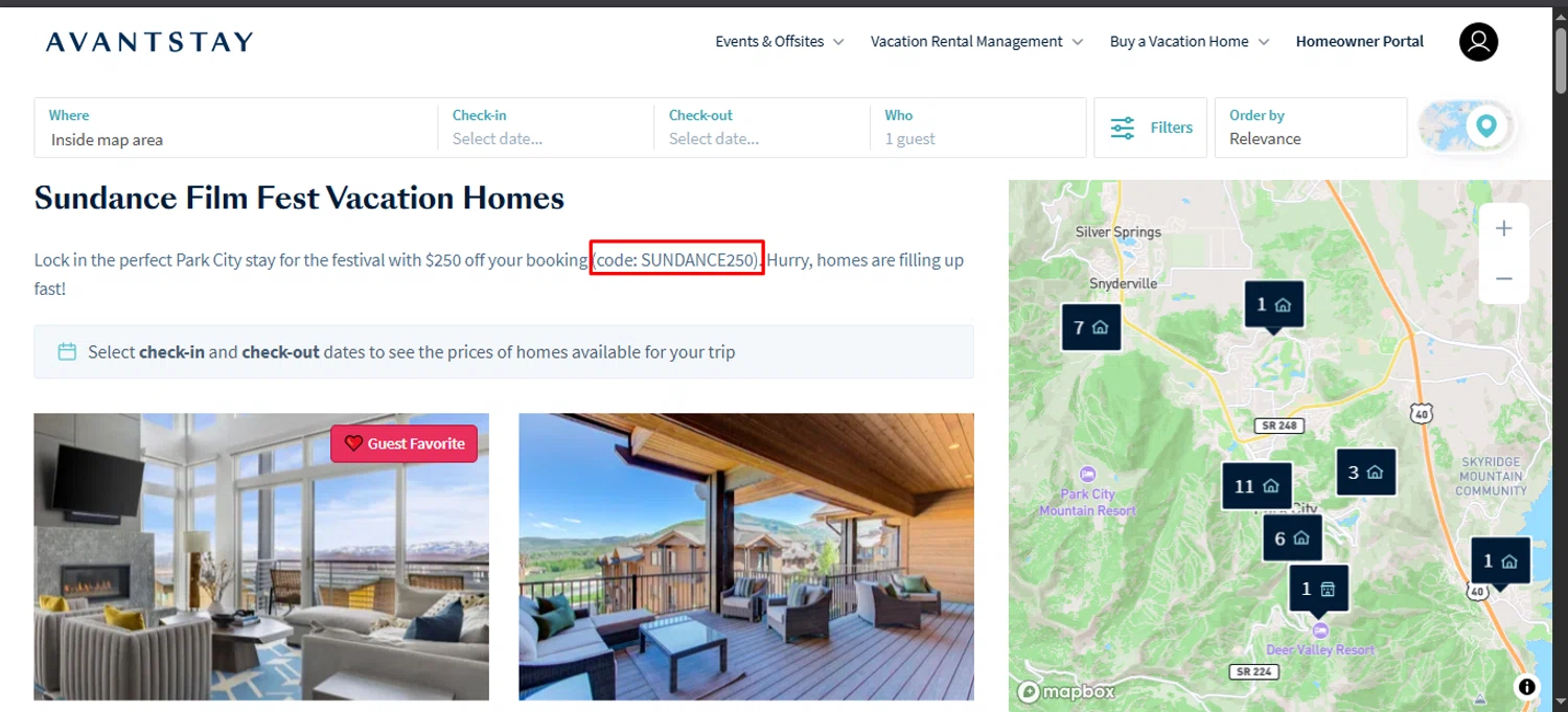 AvantStay discount code screenshot showing code SUNDANCE250 applied at AvantStay checkout page. Uploaded by SimplyCodes community member noworries on Sep 21, 2025