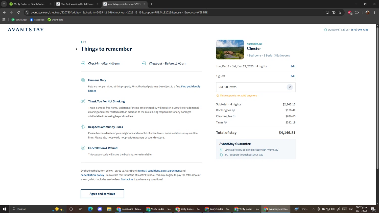 AvantStay discount code screenshot showing code PRESALE2025 applied at AvantStay checkout page. Uploaded by SimplyCodes community member ScanShopper554 on Dec 1, 2025