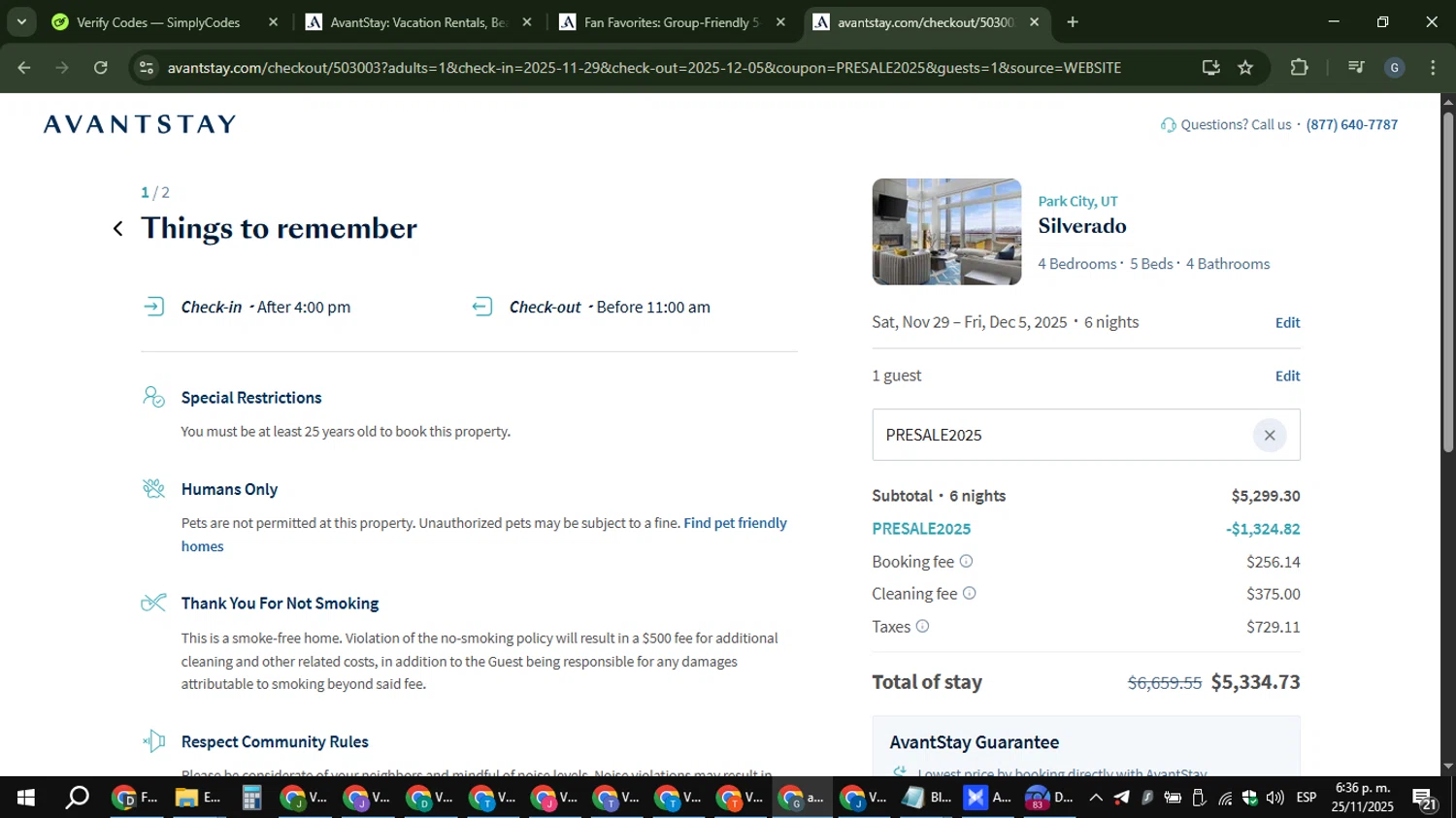 AvantStay discount code screenshot showing code PRESALE2025 applied at AvantStay checkout page. Uploaded by SimplyCodes community member gabinharris55 on Nov 25, 2025
