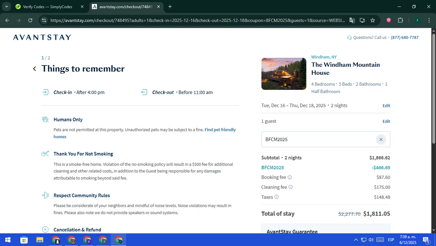 AvantStay discount code screenshot showing code BFCM2025 applied at AvantStay checkout page. Uploaded by SimplyCodes community member rodri1 on Dec 6, 2025